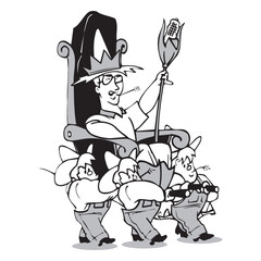 Cartoon characters of farmers carrying a chair on which the king farmer is sitting