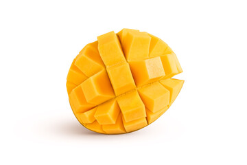 Fresh mango cubes half isolated on white background