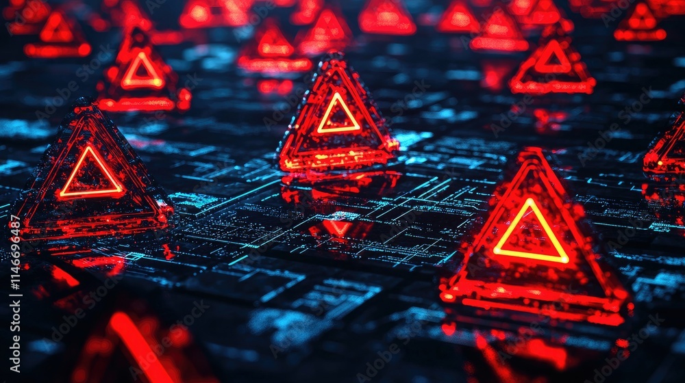 Poster red alert symbols on a digital network grid, indicating a cyber threat