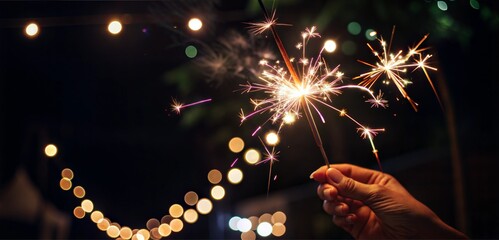 hand holding a burning sparkler dark city lights at night bokeh effect