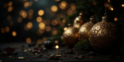 Fototapeta premium Golden christmas ornaments holiday decor night