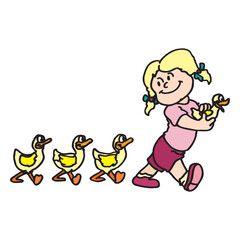 Cartoon characters illustration of a little girl leading ducks vector