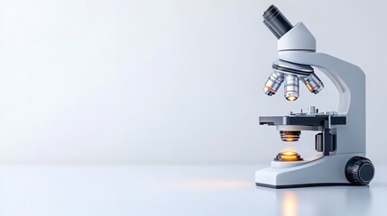 A sleek, modern microscope is positioned on a clean surface, highlighting its features against a minimalistic background.