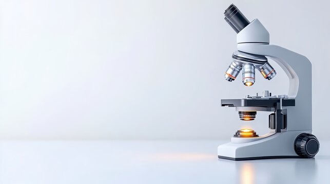 A sleek, modern microscope is positioned on a clean surface, highlighting its features against a minimalistic background.