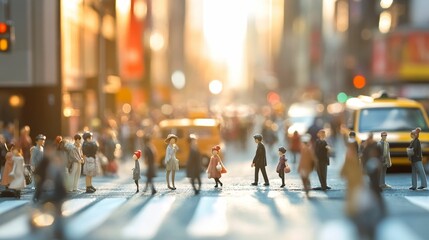 Miniature figures cross city street, sunny day.