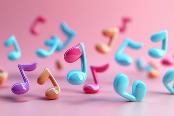 3D music notes floating in the air, pastel colors, cartoon style, simple background, colorful, cute shapes with bright colors, cartoon elements, soft lighting, high resolution image, closeup shot in t