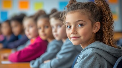 Obraz premium A group of children in a classroom, with one girl smiling at the camera.