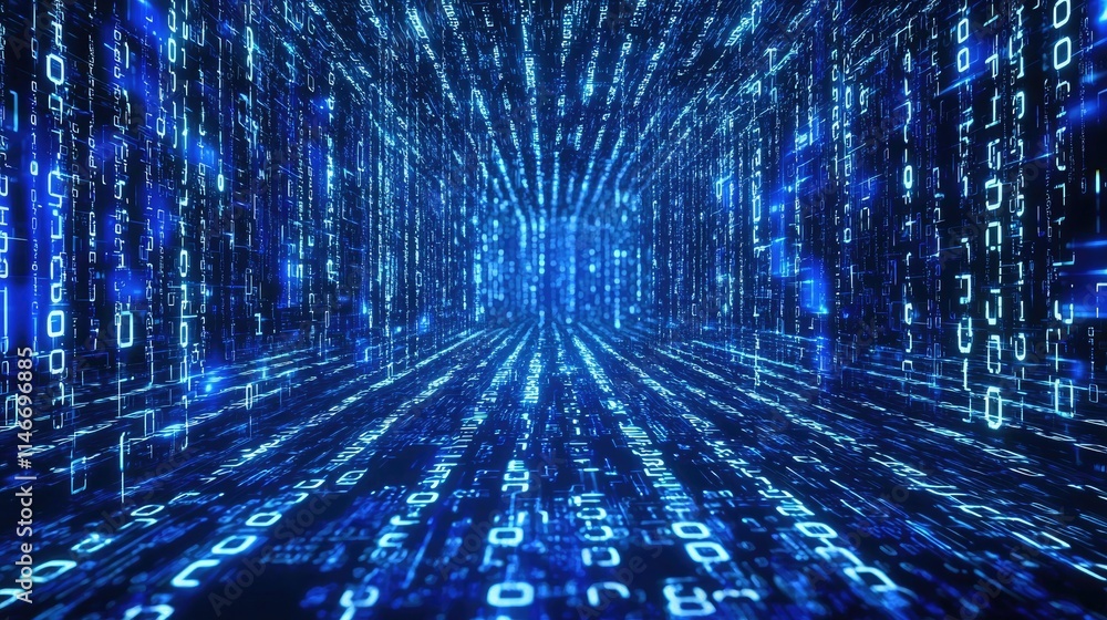 Poster Modern background with digital code streams and security symbols in blue tones 