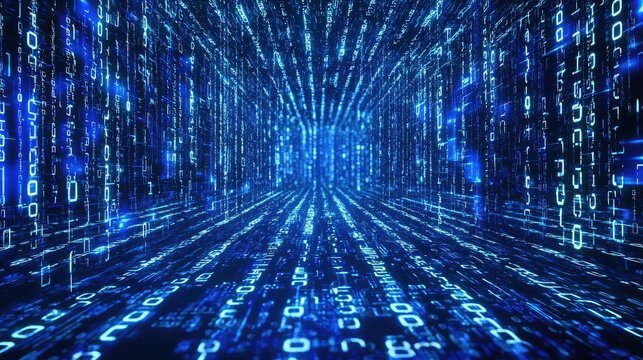Modern background with digital code streams and security symbols in blue tones 