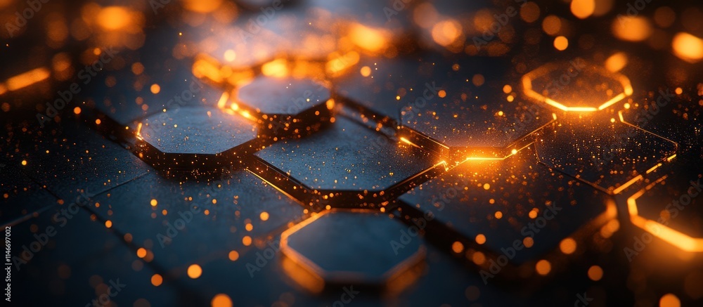 Poster glowing hexagonal grid pattern.