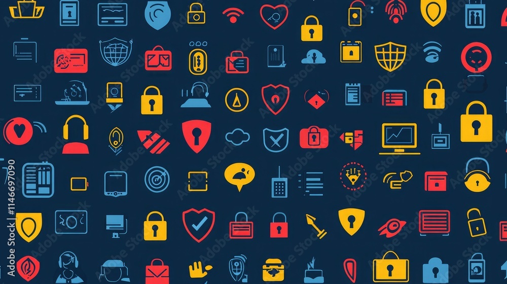 Poster Minimalist icons for cybersecurity in a vector pattern, organized in rows 