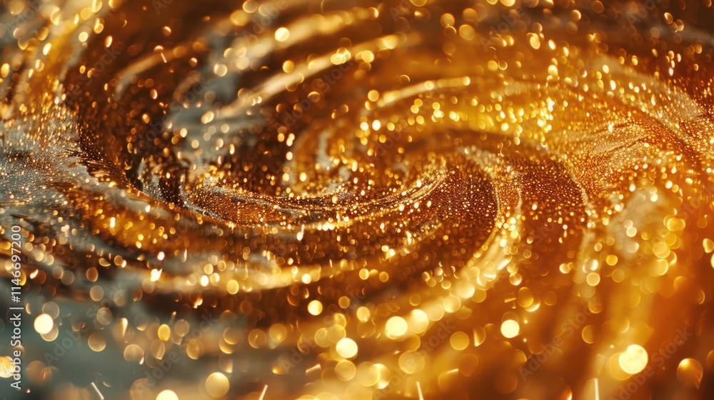 Poster a swirling pattern of golden glitter and light, creating a mesmerizing visual effect.