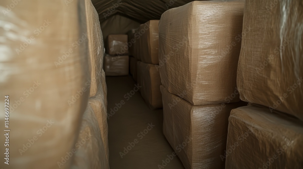 Poster a narrow corridor lined with large, wrapped bales, creating a storage space filled with bundled item
