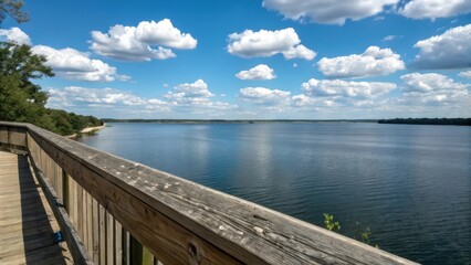 Obraz premium A wooden railing overlooks a vast expanse of calm water, with a backdrop of fluffy white clouds against a clear blue sky.