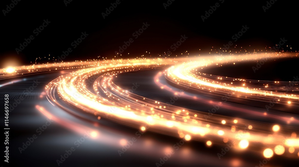 Poster a mesmerizing swirl of golden light trails dances against a dark background, creating a dynamic and 