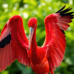 Fototapeta premium illustration of a stork in the forest, scarlet ibis in the forest, red billed hornbill ,scarlet ibis in the zoo, scarlet ibis bird