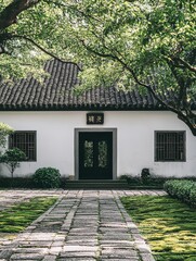 A white house with black tiles, a chinese style garden in front of the building, moss on the ground and green plants, a sunny day, a photo taken in the style of Canon eos r5 