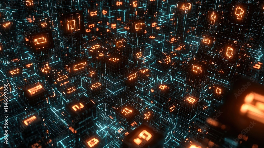 Poster Glowing digital locks in a network grid pattern, giving a secure tech vibe 