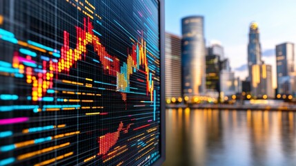 A vibrant financial graph overlays a city skyline, illustrating market trends against the backdrop of modern architecture and a serene water reflection.