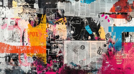 Vibrant abstract collage with newspaper clippings, bold splashes of pink, yellow, and blue, blending modern and urban graffiti styles. Perfect for contemporary and expressive art themes.