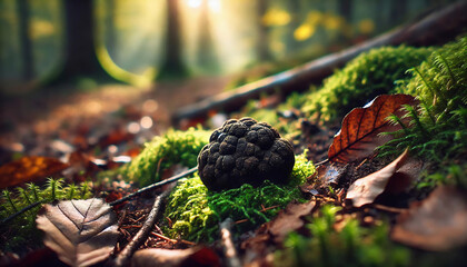 Freshly Unearthed Black Truffle in Woodland Setting