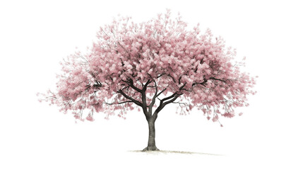 Fototapeta premium A solitary cherry blossom tree in full bloom, isolated on a white background, delicate pink petals, photorealistic.
