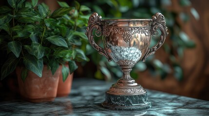 A decorative silver trophy sits on a marble surface beside lush green plants, symbolizing achievement and recognition.