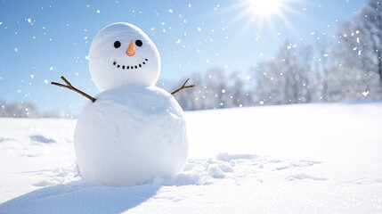 Cheerful snowman in snowy landscape under bright sun.