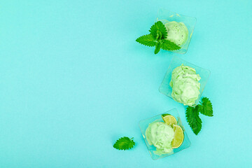 Trendy lemon balm ice cream. Chocolate drops, fresh leaves, ripe lemons. Refreshing summer dessert