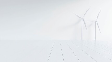 A minimalist landscape featuring two wind turbines against a pale background, emphasizing sustainable energy and modern design.