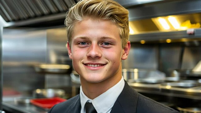 Young chef smiling confidently in a professional kitchen setting while preparing for a culinary event