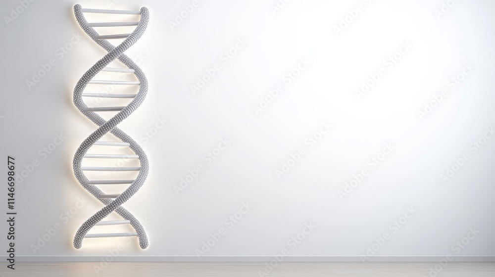 Poster a modern representation of a dna double helix displayed on a minimalistic wall, symbolizing genetics