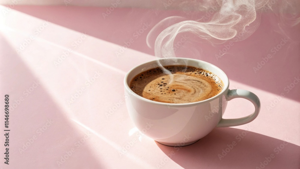 Poster a cup of freshly brewed coffee steaming on a soft pink surface with sunlight streaming through a win