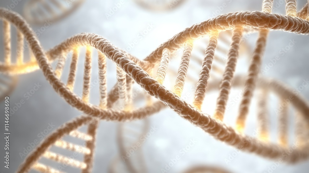 Poster a close-up view of a dna double helix structure, illuminated and swirling against a soft background,
