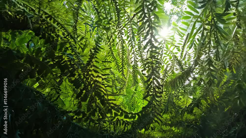 Poster exploring lush greenery under a canopy of ferns in a tropical forest