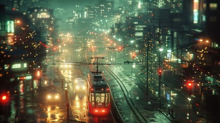 Fototapeta premium A vibrant city scene at night with a tram, illuminated buildings, and wet streets.