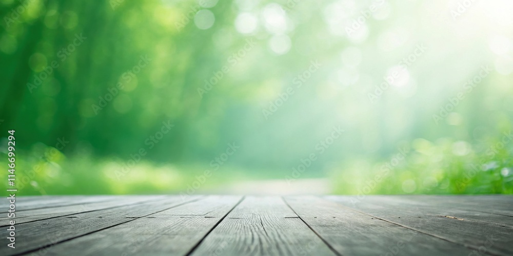 Aufkleber rustic wooden tabletop against a defocused background of lush green foliage and sunlight filtering t