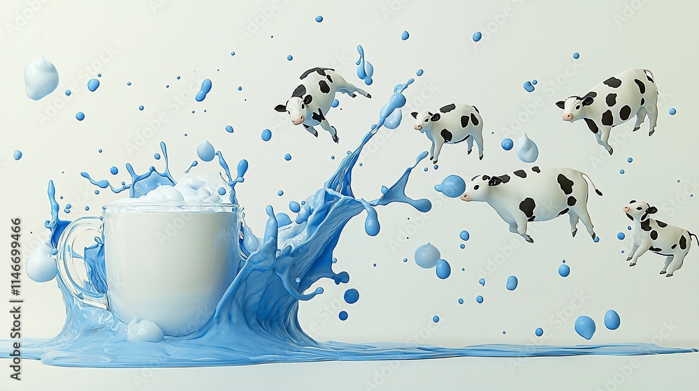 Poster playful 3d render of cows jumping into a milk splash.