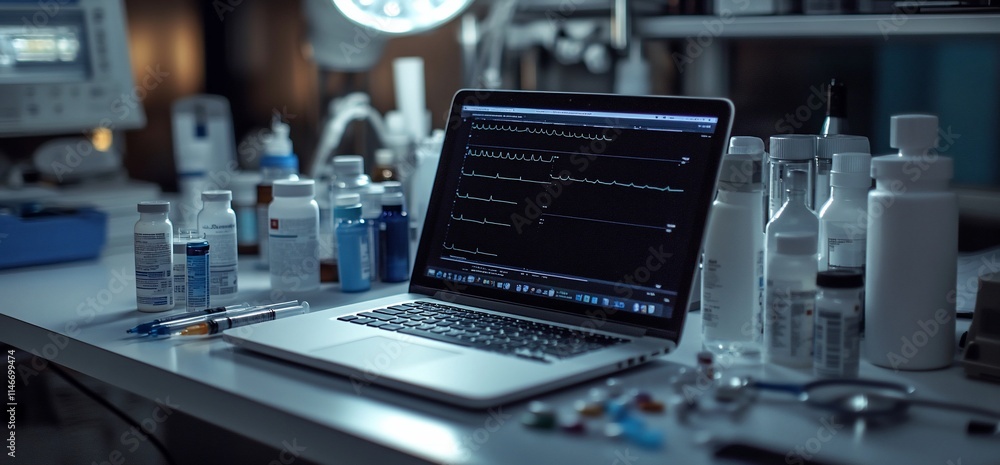 Poster a laptop displays data in a lab surrounded by various medication bottles.