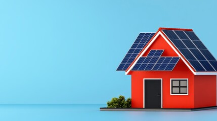 A vibrant red house with solar panels on the roof, set against a light blue background, emphasizing renewable energy and sustainability.