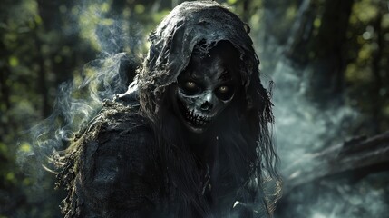 Obraz premium monster with red eyes in the forest in smoke.