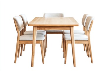 Light wood dining table with six light grey fabric chairs.