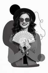 Creative photo 3d collage artwork postcard poster of positive happy lady showing money salary savings isolated on painting background