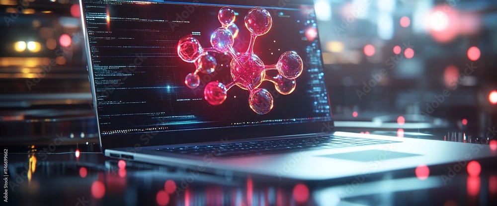 Poster a laptop displaying molecular structures and code, symbolizing scientific research.