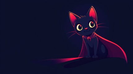 A cute cartoon cat wearing a red cape, set against a dark background, exuding a playful vibe.