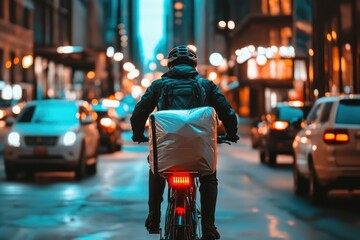 A courier worker using a bicycle is on his way to deliver a package or order.