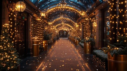 Magical winter corridor adorned with twinkling lights