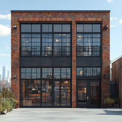 Modern brick building with large windows and patio.