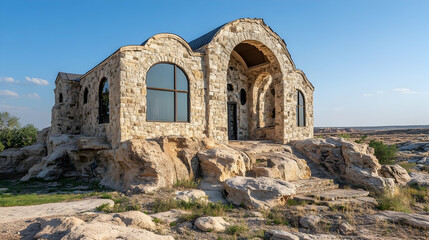 Fototapeta premium Ethiopian Rock-Cut Church with intricate carvings and rugged terrain, historic African landmark