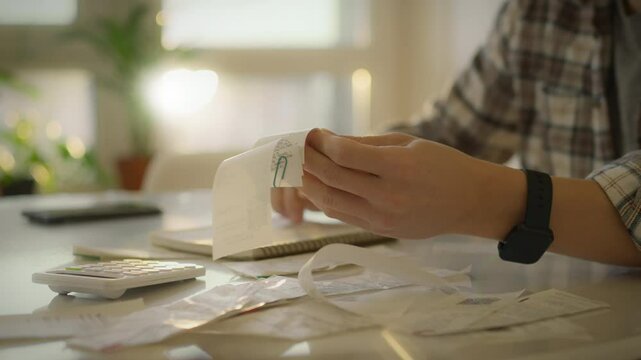 A person sorts through various receipts while taking notes in a notebook. A calculator and other financial documents are present on the table, indicating a focus on budgeting